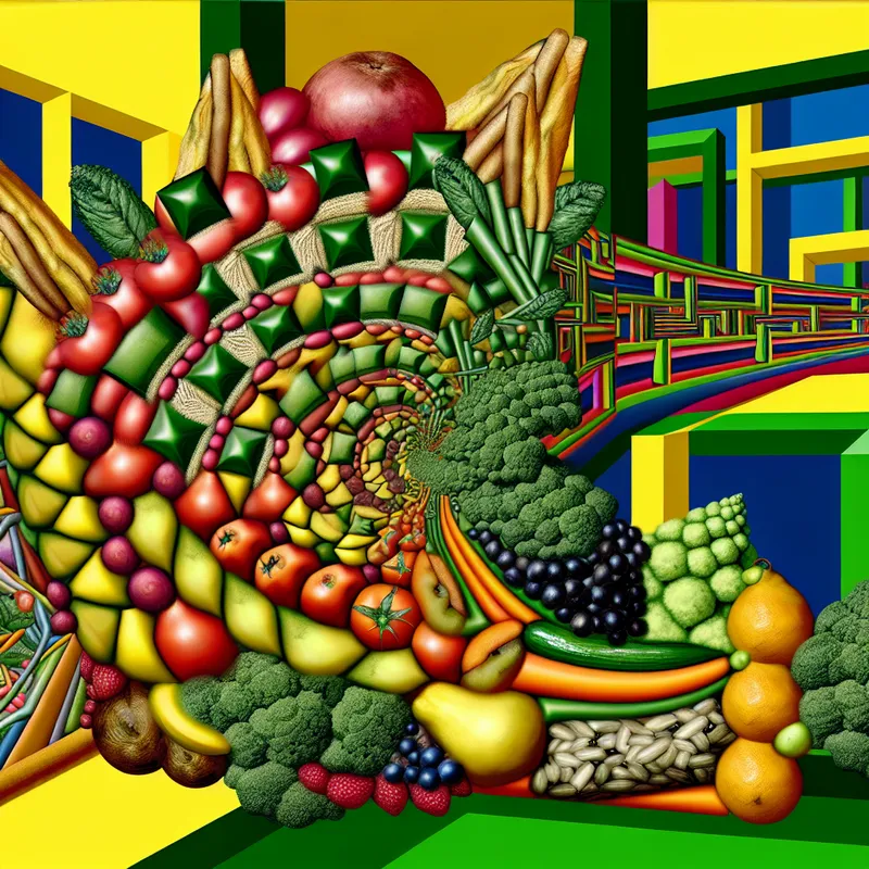 Een surrealistisch en geometrisch beeld van een kleurrijke salade met groenten, fruit en granen in een spiraalvorm, geïnspireerd door M.C. Escher