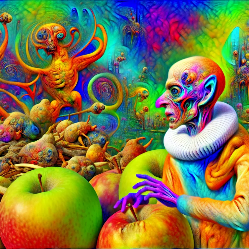 Surrealistisch schilderij in de stijl van Hieronymus Bosch met een gaunt personage en rottende appels, symboliserend ongezondheid.