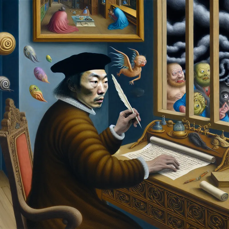 Een persoon schrijft een brief aan een groot, ingewikkeld bureau vol bizarre voorwerpen zoals een veer, perkament en boeken, met vreemde wezens die door de ramen loeren.