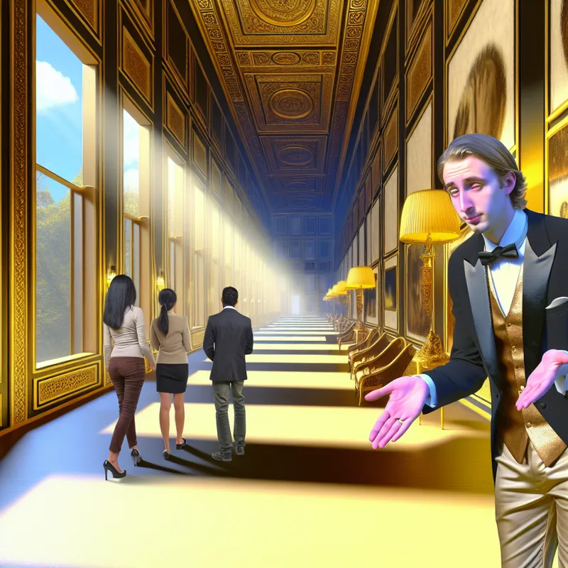 Een goed geklede man maakt een gebaar van excuses in een luxueuze hal.