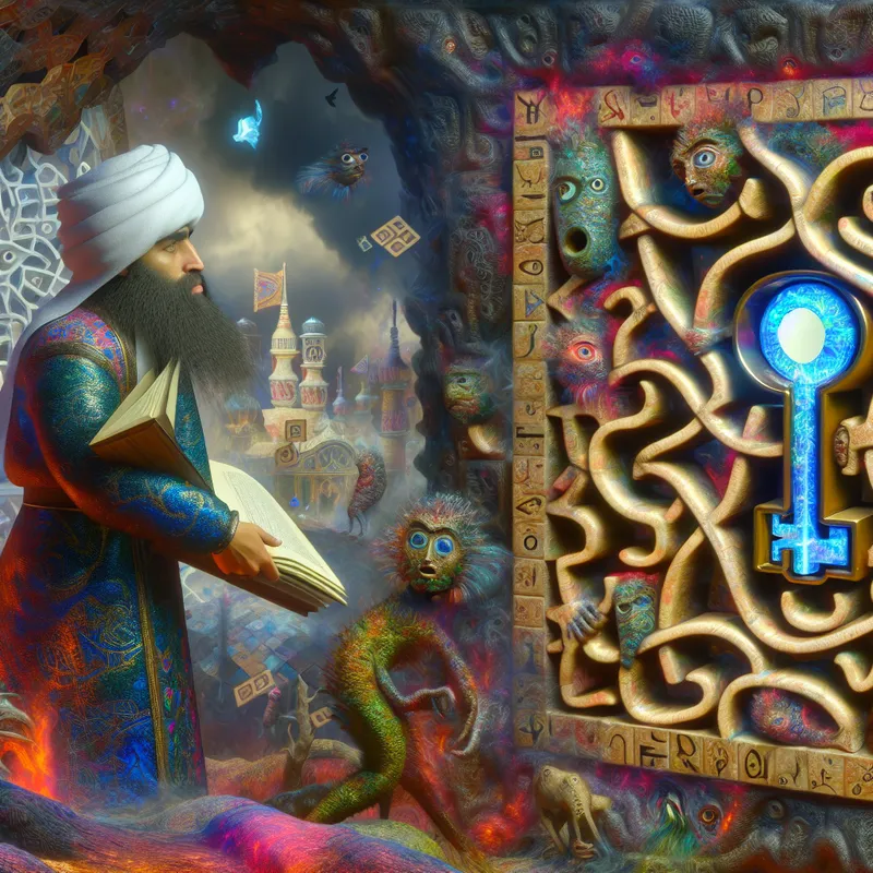 Een nieuwsgierige figuur verkent een surrealistische omgeving vol bizarre wezens en droomachtige structuren, terwijl hij een verborgen sleutel ontdekt.