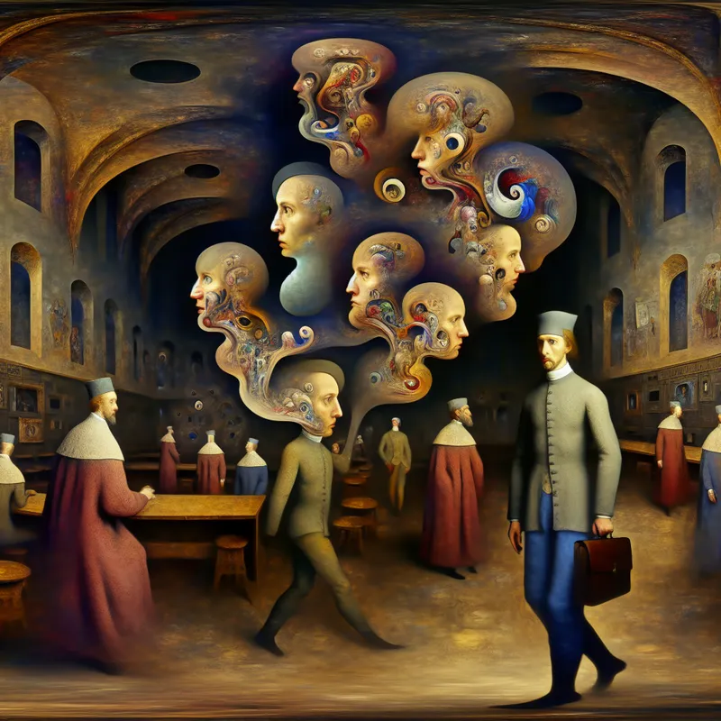 Surrealistische scene van een persoon met meerdere identiteiten in middeleeuwse kamer