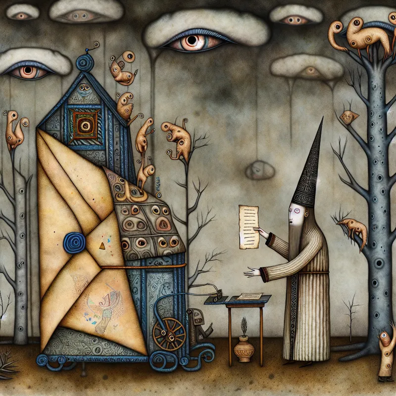 Een surrealistisch tafereel van een figuur die lijkt op een gemeenteraadslid, naast een enorme versierde envelop, omgeven door bizarre elementen zoals bomen met ogen en wolken in de vorm van pennen.