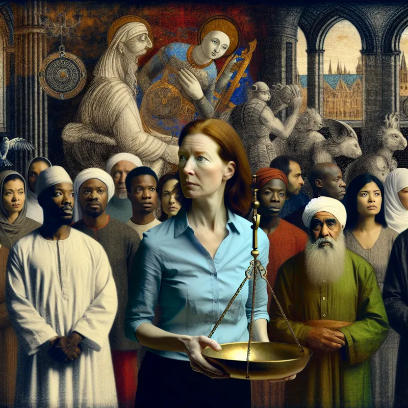 Een persoon met hoge verwachtingen houdt een grote, versierde schaal omhoog voor een diverse groep mensen die bezorgd en vastberaden omhoogkijken.