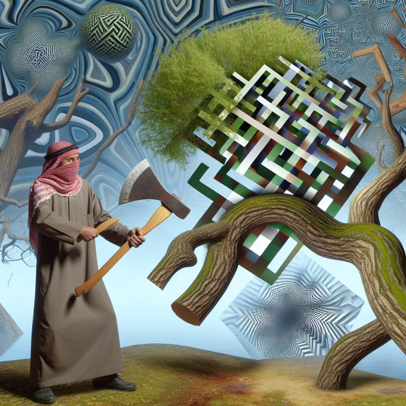 Een surrealistische scène waarin iemand met een geometrisch geïnspireerde bijl een grote tak van een boom kapt, omgeven door intrigerende patronen en structuren.