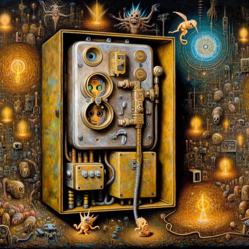 Surrealistisch tafereel van een elektrische schakelaar als een chaotische kruising van kleine wezens en gouden draden, geïnspireerd op Hieronymus Bosch, met een demon die een vuile contactpunt probeert te verbinden