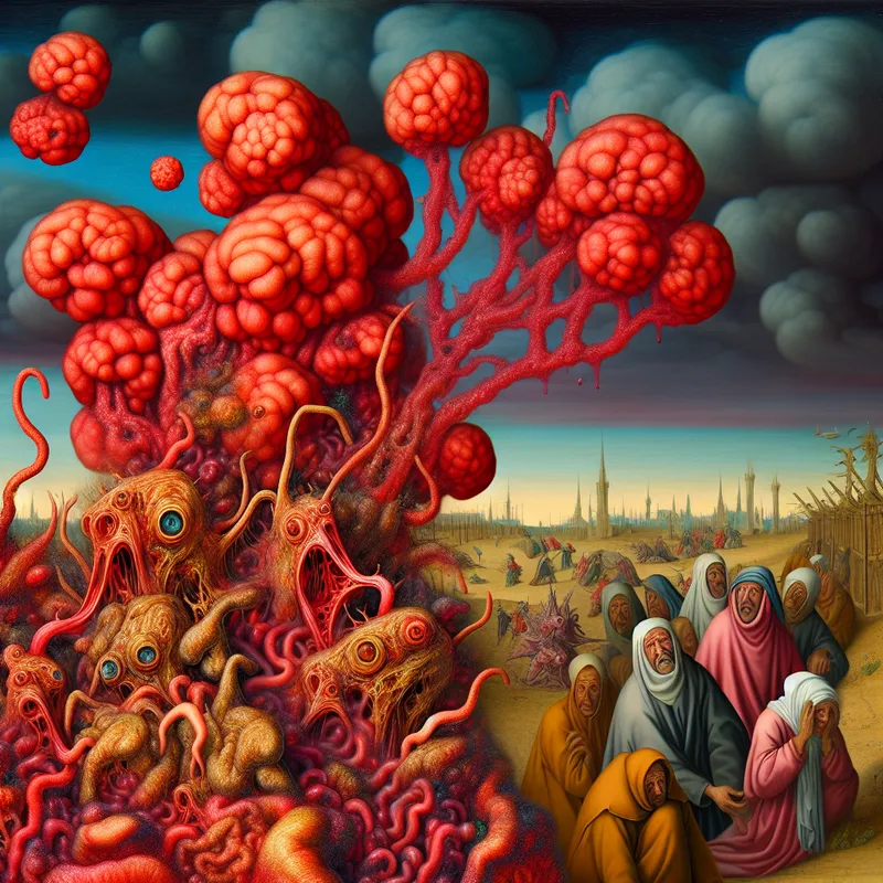 Surrealistische afbeelding van een veld overspoeld door groteske rode schimmelgroei en bizarre wezens die lijken te lijden onder de plaag.