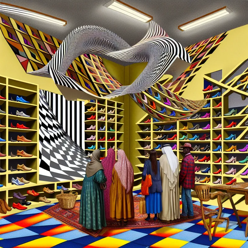 Surrealistische afbeelding van een schoenwinkel met geometrische illusies, vol kleurrijke schoenen en spelers van het woord 'beschikbaar' boven de rekken.