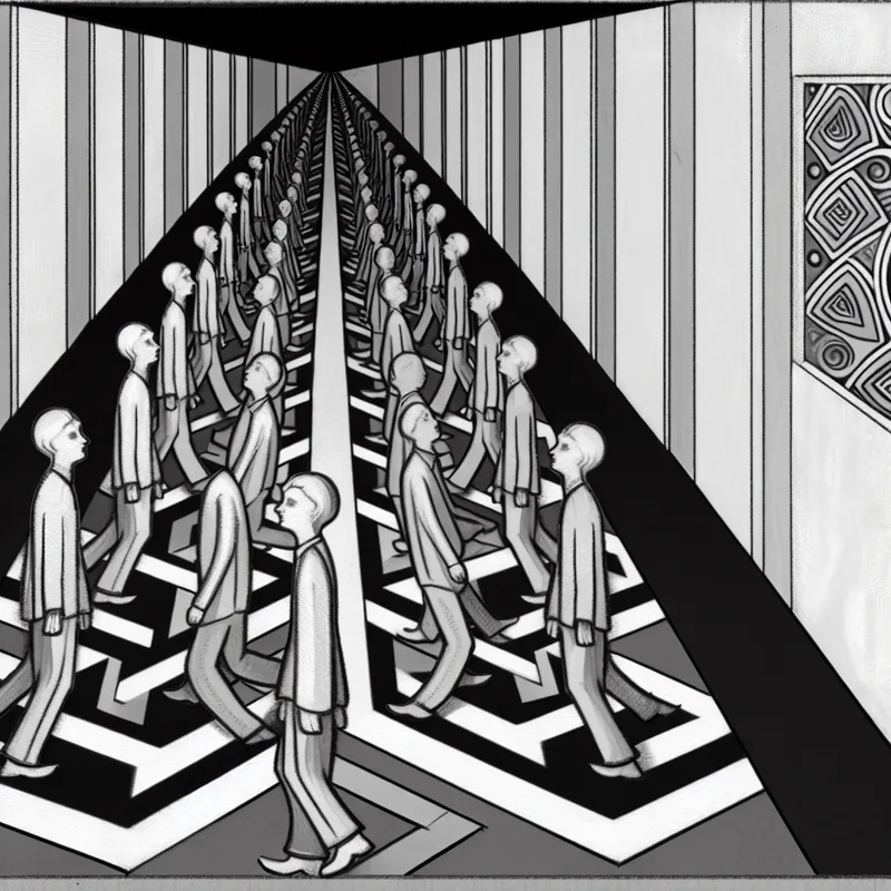 Surrealistische schoolgang met studenten in een eindeloze, geometrische loop die een strikte anti-pestrichtlijn symboliseert, geïnspireerd op M.C. Escher