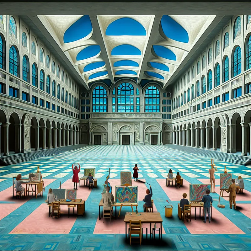 Een grote, lege schoolklas met studenten die verschillende hobby's beoefenen, zoals schilderen en muziek maken, tegen een surrealistische architecturale achtergrond.