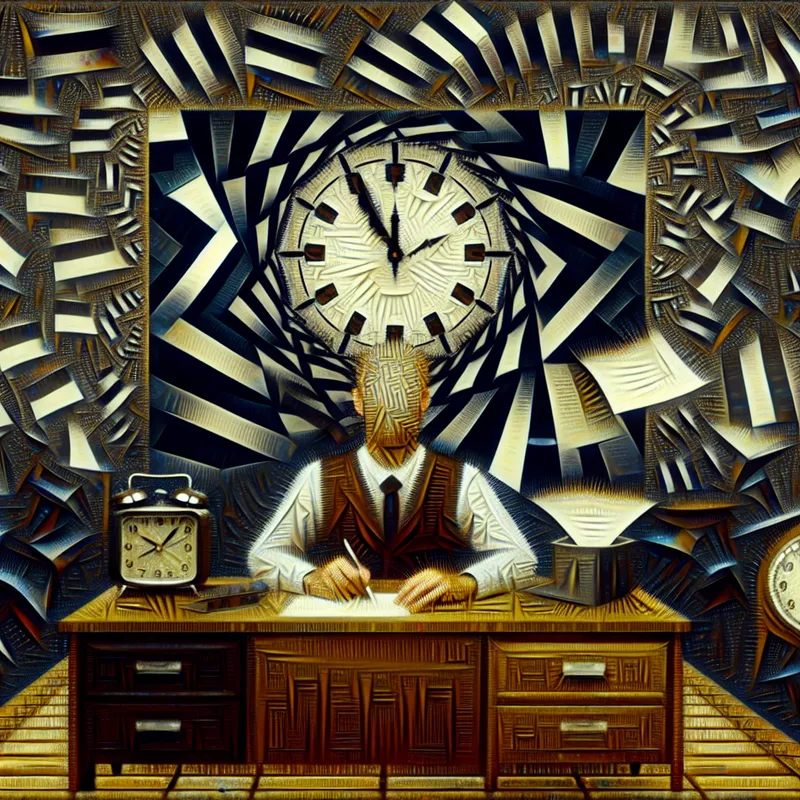 Surrealistische afbeelding van een slecht dag op kantoor met een overweldigde figuur, vervormde klokken en chaotic papieren in geometrische patronen.