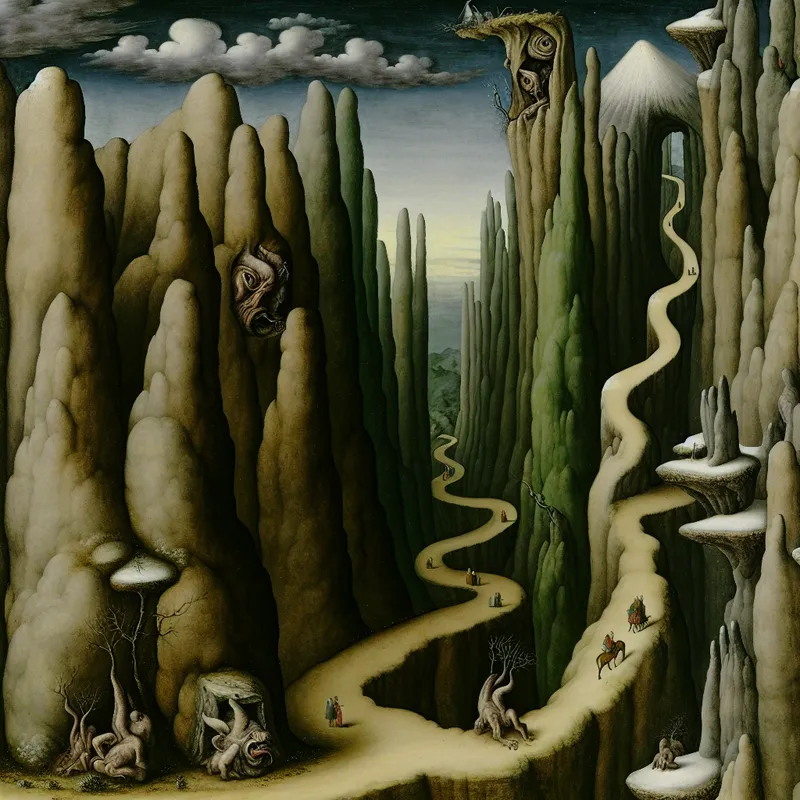 Surrealistische bergpas in de stijl van Jheronimus Bosch met kronkelend pad tussen steile rotswanden, vreemde rotsformaties, zwevende stenen en middeleeuwse reizigers in een mystieke, besneeuwde omgeving