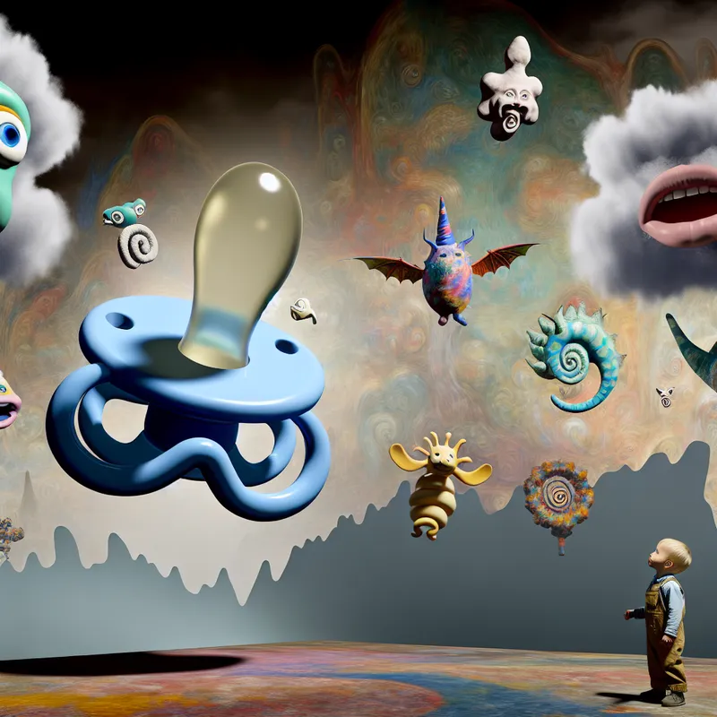 Een kind staart naar een oversized speen in een surrealistisch landschap vol vreemde wezens.