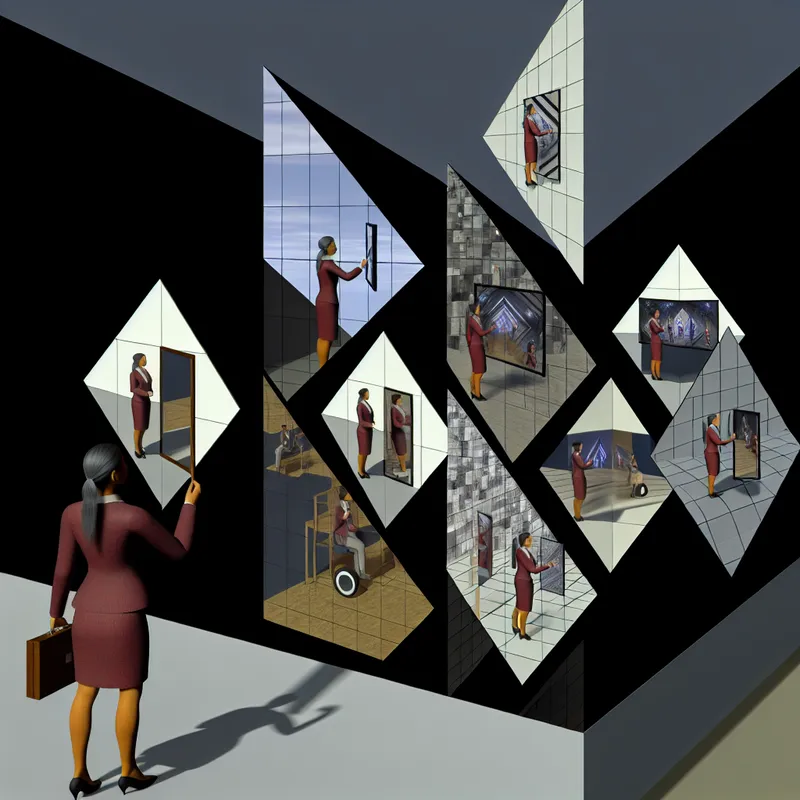 Surrealistische afbeelding van een zakenpersoon die in een reeks geneste spiegels kijkt, met reflecties van verschillende fasen van zijn carrière.