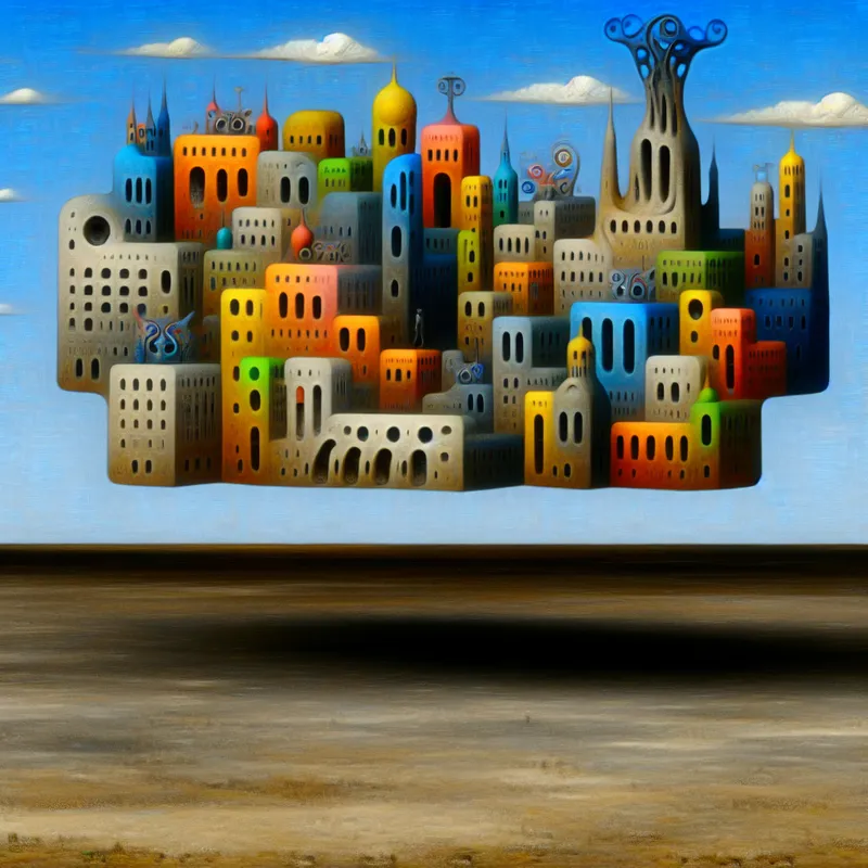 Surrealistische stad met bizarre architectuur en een saai landschap op de achtergrond