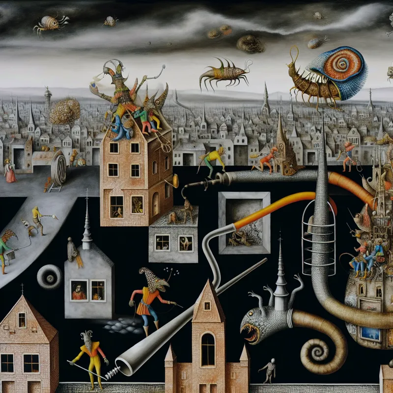 Surrealistisch stadsbeeld met bizarre wezens die een lekkend dak dichten met vreemde gereedschappen, geïnspireerd door Hieronymus Bosch.