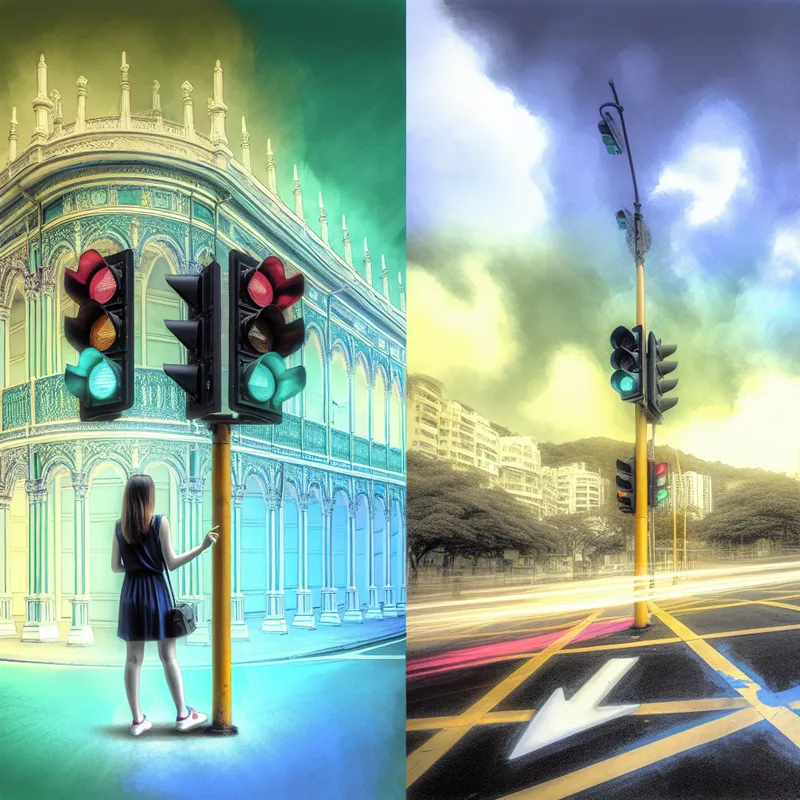Surrealistische stadsomgeving met een persoon die links afslaat bij een verkeerslicht, omgeven door een droomachtige sfeer en contrasterende architectuur.