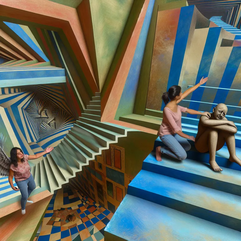 Een surrealistisch beeld van een vriend die steun biedt tijdens moeilijke tijden, met een doorgang die op zichzelf terugloopt en een vertwijfelde persoon op een trap.