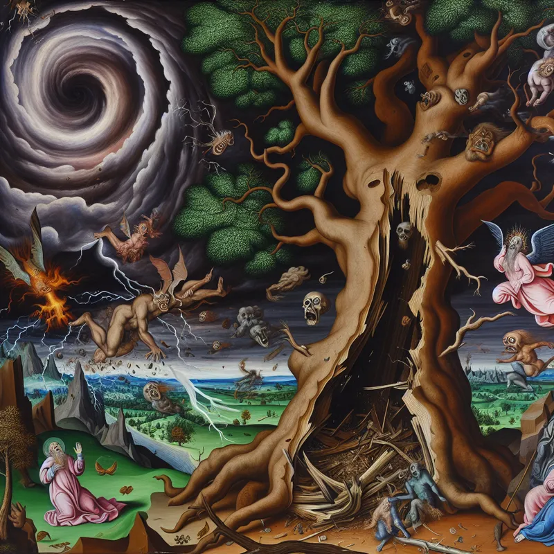 Surrealistische afbeelding van een storm die een oude boom vernietigt, met fantasticale wezens op de achtergrond die de chaos gadeslaan.