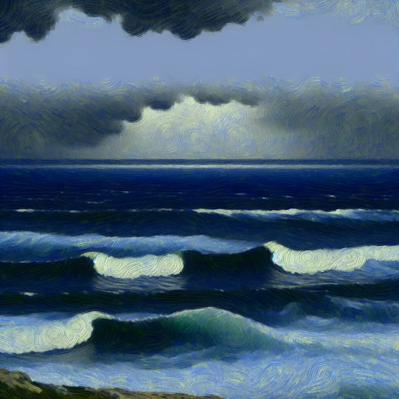 Hyperealistisch schilderij van een stormachtige zee met hoge golven en donkere wolken
