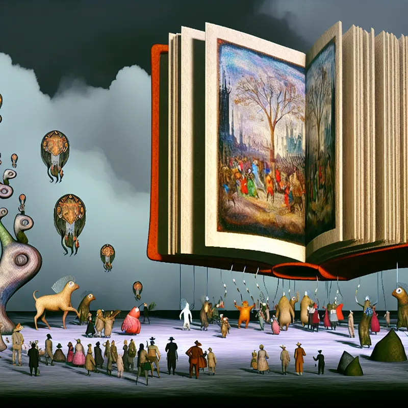 Surrealist scène met bizarre wezens rond een gigantisch, ornato boek dat oplicht met een mystieke gloed.