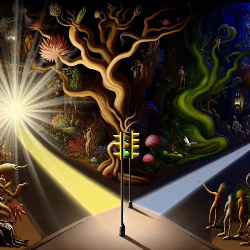 Surrealistisch straatbeeld met een gloeiend verkeerslicht en bizarre, kronkelige bomen aan de linkerzijde