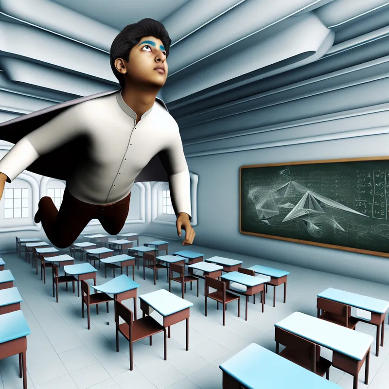 Een surrealistische afbeelding van een student die door een hyper-realistisch klaslokaal zweeft, omringd door abstracte schoolbenodigdheden en een reusachtig krijtbord met complexe vergelijkingen.