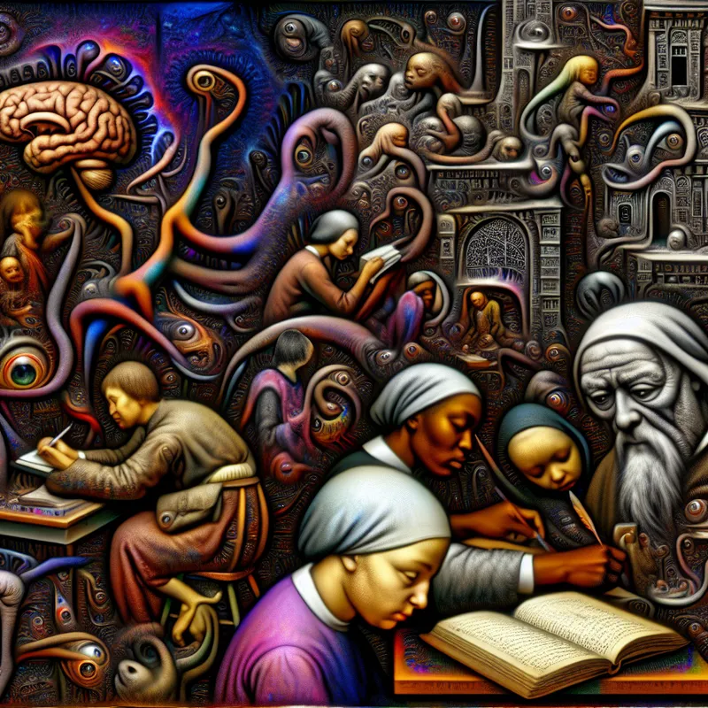 Surrealistische scène geïnspireerd door Hieronymus Bosch met mensen van verschillende leeftijden die interactie hebben met representaties van taalverwerving te midden van fantastische wezens en kleurrijke, vervormde structuren.