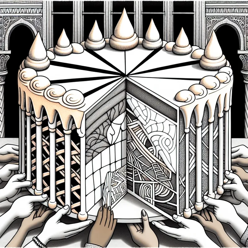 Surrealistische taart met Escher-patronen, één derde ontbreekt