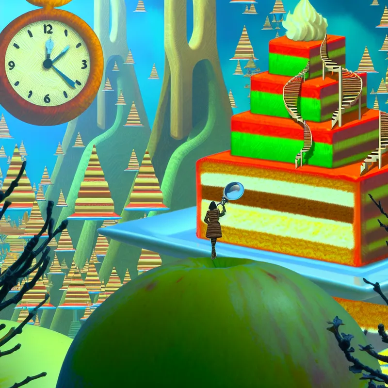 Surrealistische afbeelding van een grote, gelaagde taart met hellingen en een nieuwsgierige figuur die een punt taart op een voetstuk bestudeert, met een klok in een denkbel boven het geheel.