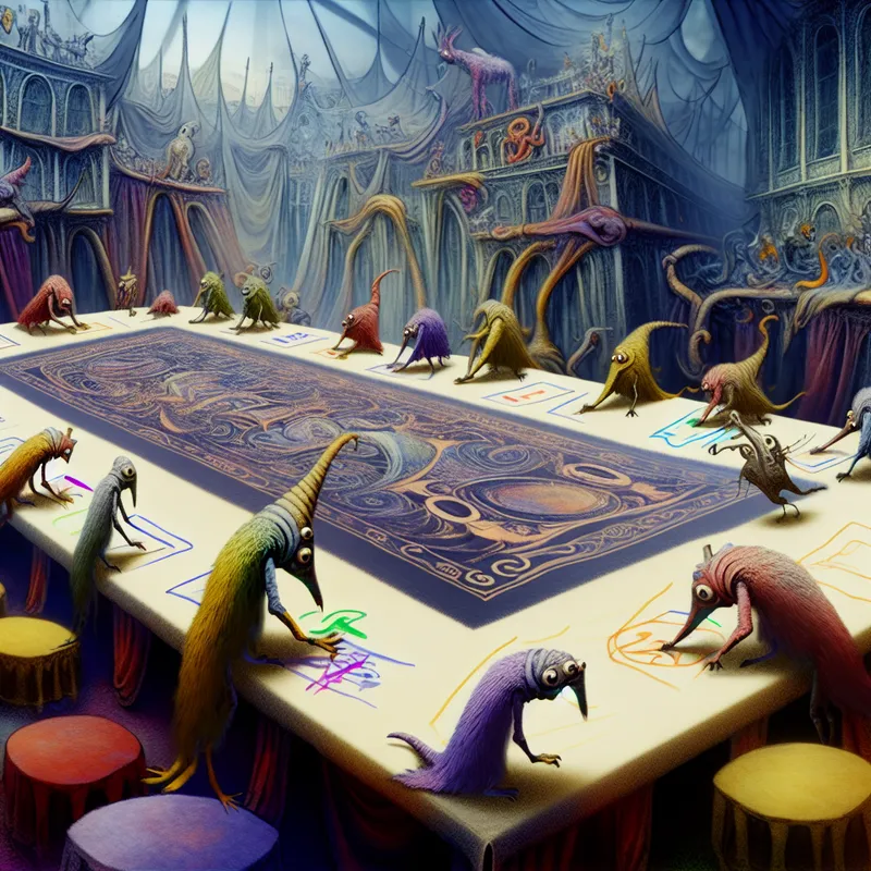 Surrealistische afbeelding van een grote tafel met een ingewikkeld ontworpen tafelkleed dat wordt aangepast door bizarre wezens, geïnspireerd door de stijl van Hieronymus Bosch, om perfect aan te sluiten.