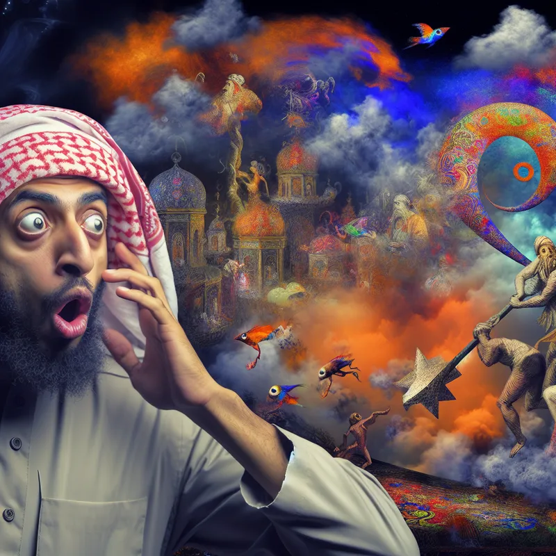 Een persoon die verbaasd kijkt naar een surrealistisch tafereel vol vreemde wezens en verrassende elementen.