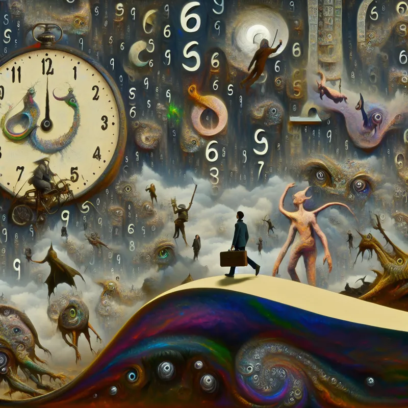 Een surrealistisch tafereel van een figuur die te laat komt op een chaotische bijeenkomst vol vreemde wezens en droomachtige objecten, met een klok waarin de cijfers smelten.