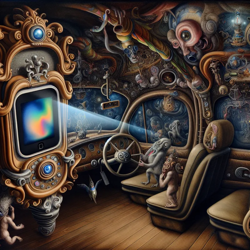 Een surrealistische weergave van een grote telefoonhouder in een fantasierijke autobinnenkant, omringd door bizarre wezens en mysterieuze objecten.