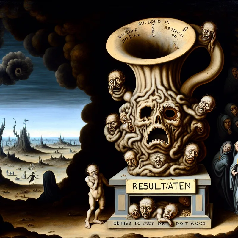 Surrealistische afbeelding van een grote, afgebroken trofee met het label 'RESULTATEN', omringd door vreemde wezens die teleurstelling en verwarring uitstralen, met sombere figuren op de achtergrond en donkere wolken in de lucht.