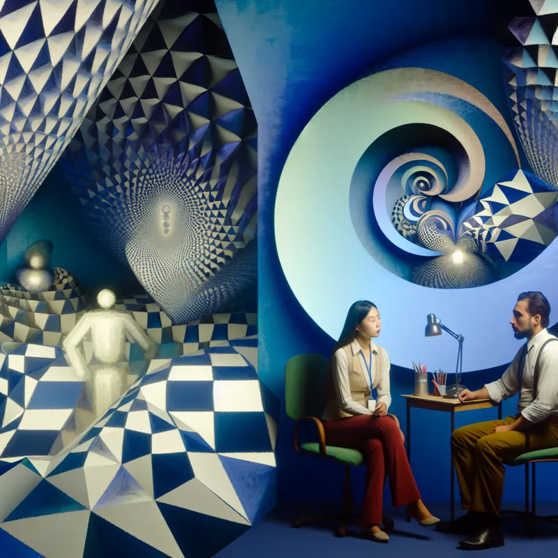 Een surrealistisch tafereel van een therapeut in een complex kantoor met geometrische patronen en optische illusies, waarbij twee patiënten hun gesprekken voeren.