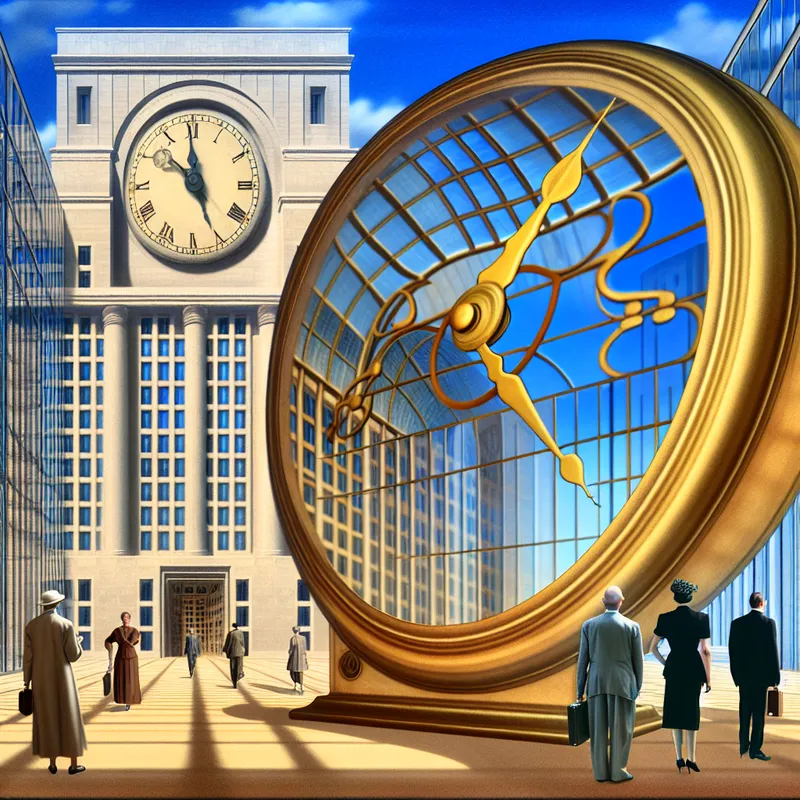 Hyper-realistisch beeld van een antieke klok vlak voor 12:05, met zakelijke mensen in een zonnig stadslandschap.