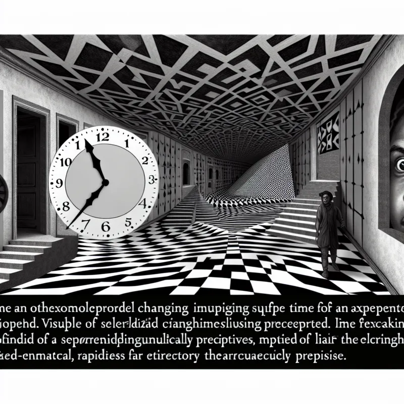 Surrealistische tekening in de stijl van M.C. Escher met een smeltende klok en onmogelijke perspectieven, die verrassing uitbeeldt omdat iets sneller gebeurt dan verwacht
