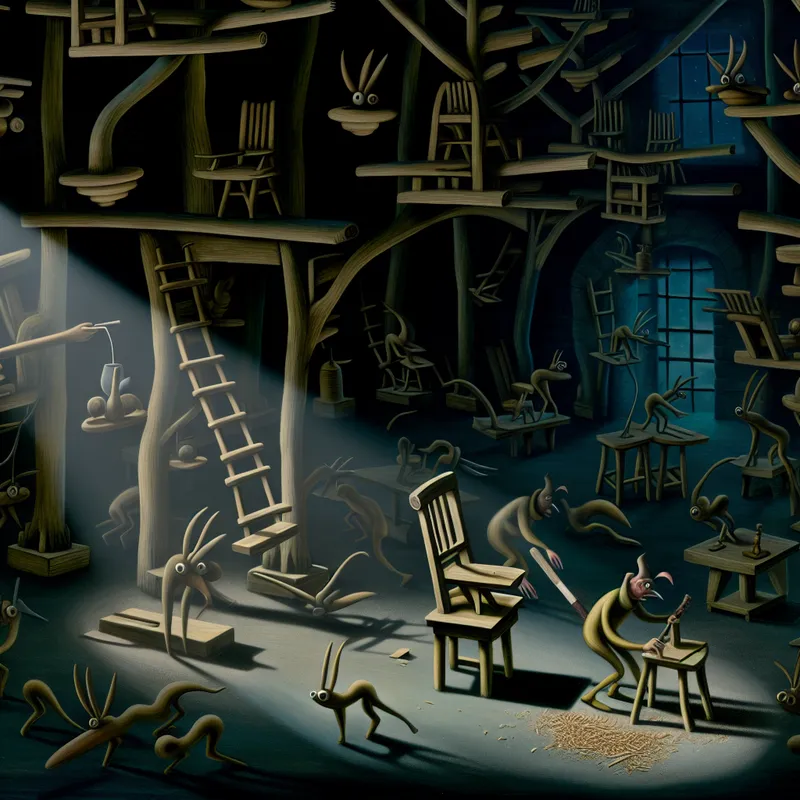 Een surrealistisch tafereel van een timmermanswerkplaats met een timmerman die een stoel vervaardigt uit dunne houten strips, omringd door bizarre wezens die nieuwsgierig toekijken.