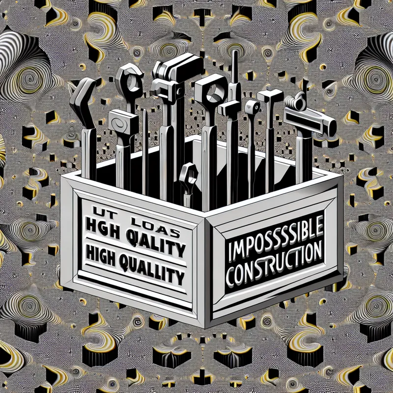 Een surrealistische afbeelding van een gereedschapskoffer gevuld met hoogwaardige gereedschappen, gepresenteerd in een onmogelijke constructiestijl, omgeven door ingewikkelde patronen en optische illusies.