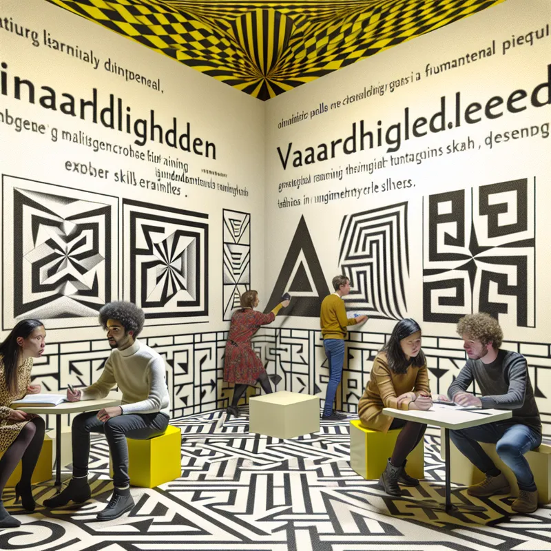 Een surrealistische trainingsruimte in de stijl van M.C. Escher met geometrische vormen en optische illusies, waar een diverse groep mensen bezig is met vaardigheden zoals teamwork en communicatie.