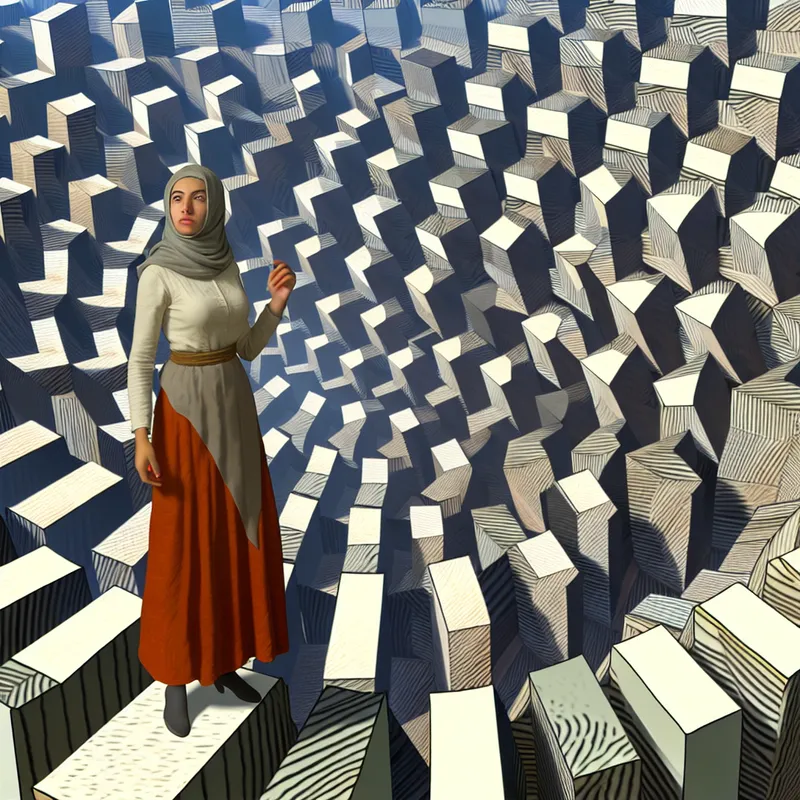 Persoon die nadenkt op een onmogelijke, gekronkelde trap, symbool van het doorstaan van moeilijke situaties.