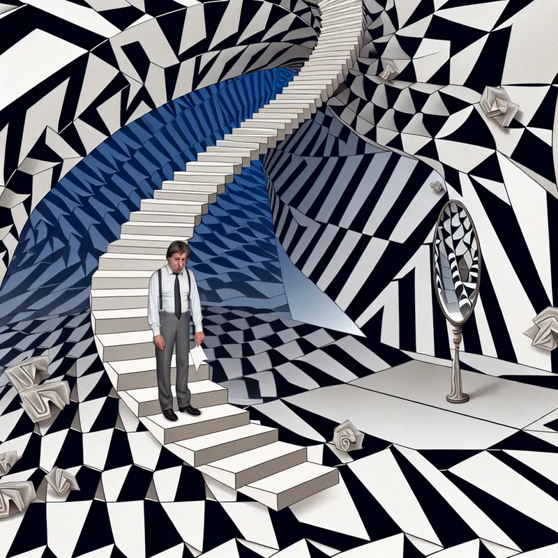 Een persoon met een verdrietige uitdrukking staat op een onmogelijke trap van M.C. Escher-achtige vormen, met een gekreukt excuusbriefje in de hand.