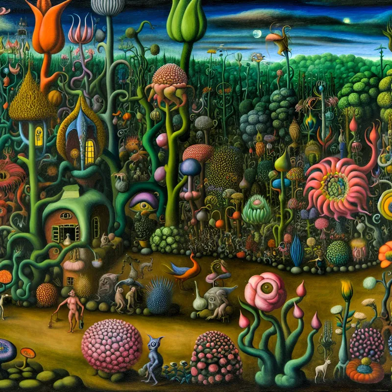 Surrealistische tuin met slijk, bizarre planten en vreemde wezens in een duistere setting