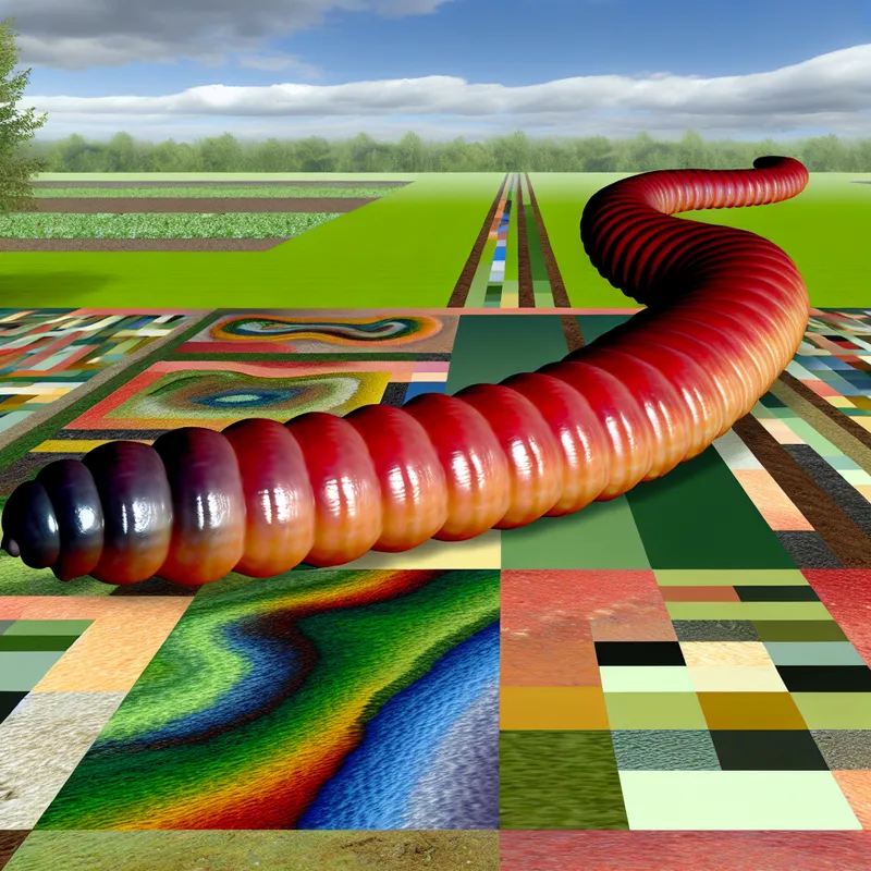 Een grote, kleurrijke worm krabbelt over een pad van tegels in een surrealistische tuin vol geometrische vormen en gezonde aarde.