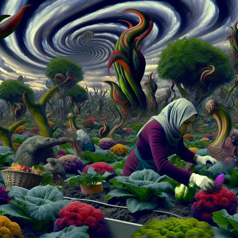 Een persoon werkt in een surrealistische tuin vol vreemde planten en bizarre wezens, terwijl hij bloemen en groenten aanplant.