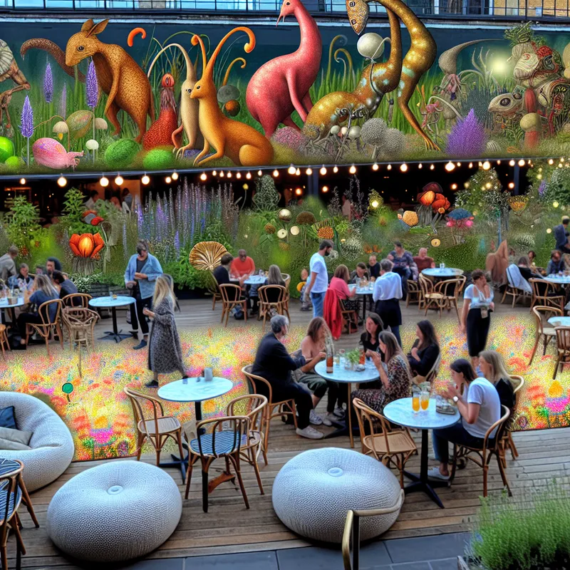 Een surrealistische tuin terrace van een café met mensen en bizarre wezens die samenkomen voor een community party.