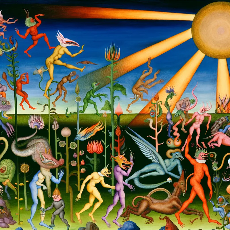 Een surrealistische tuin vol bizarre wezens die actief zijn, zoals rennende en dansende dieren, weergegeven in levendige kleuren.