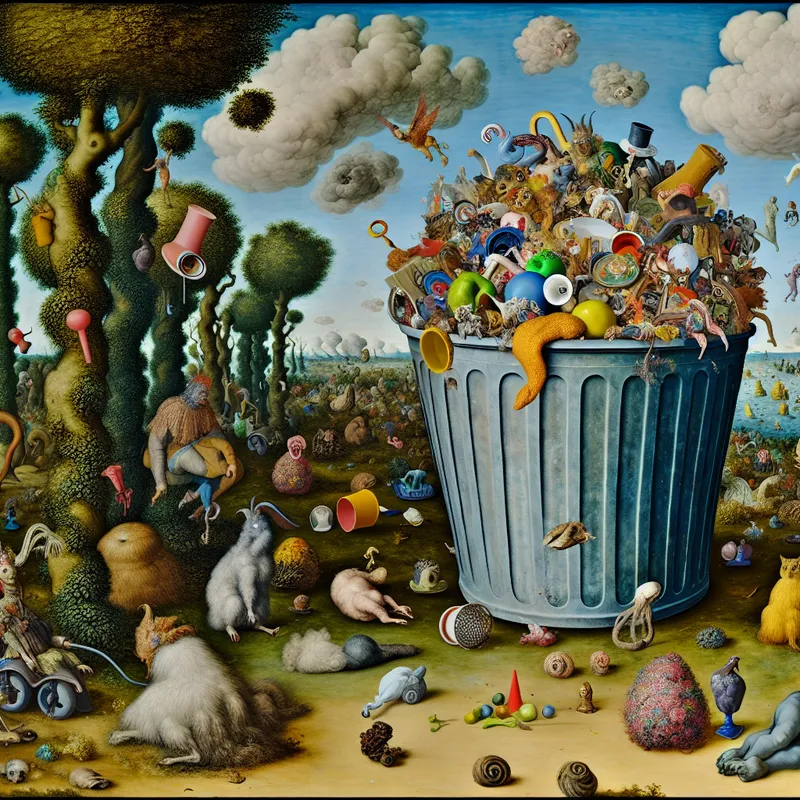 Surrealistisch tuin met een enorme fantasie vuilnisbak vol ongebruikelijke afvalitems en mythische wezens