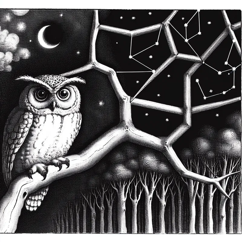 Surrealistische afbeelding van een grote wijze uil op een gekronkelde tak in de nacht, omringd door illusieve bladeren en takken die de zwaartekracht lijken te tarten.